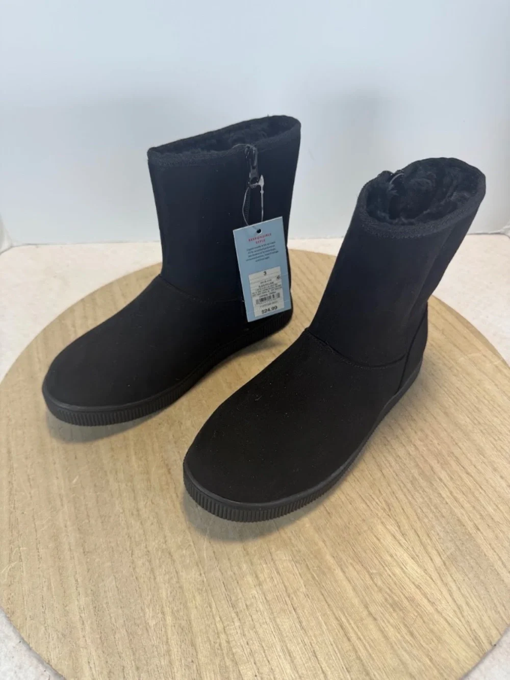 Cat & Jack Girls Size 3 Black Faux Suede Winter Boots Faux Fur Zip NWT